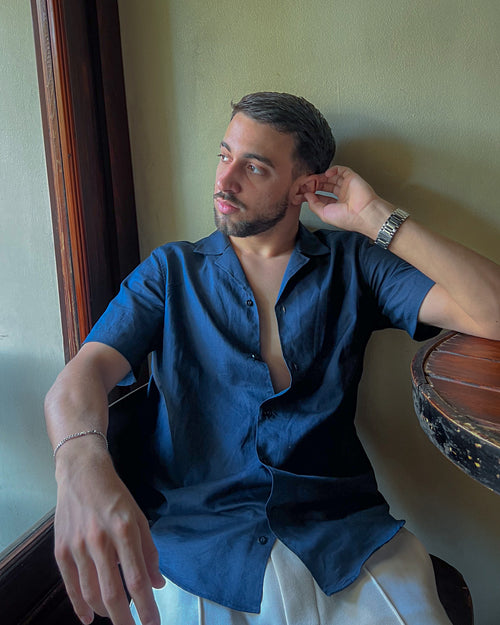 Navy Half-Sleeve Linen Shirt