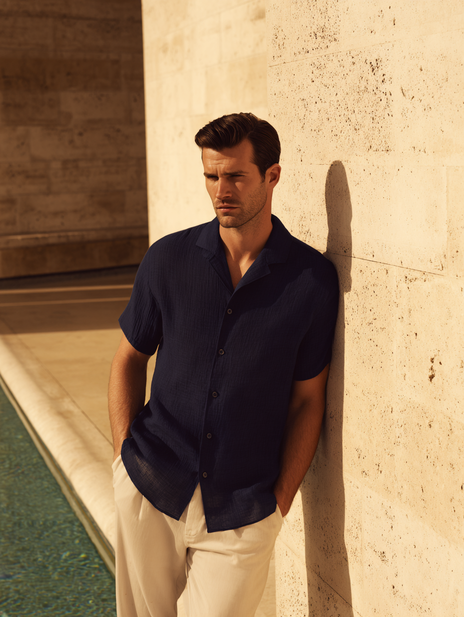 Navy Half-Sleeve Linen Shirt